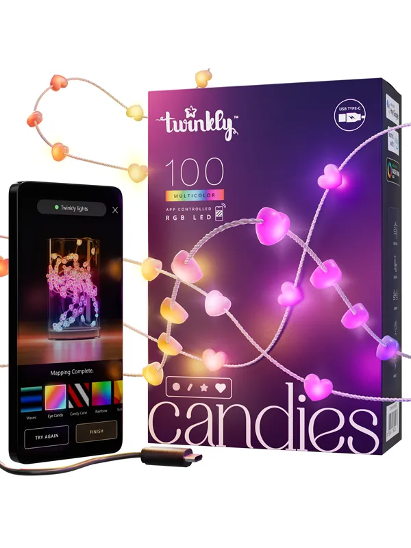 Twinkly Candies - 100 Heart-shaped RGB LEDs Clear Wire USB-C