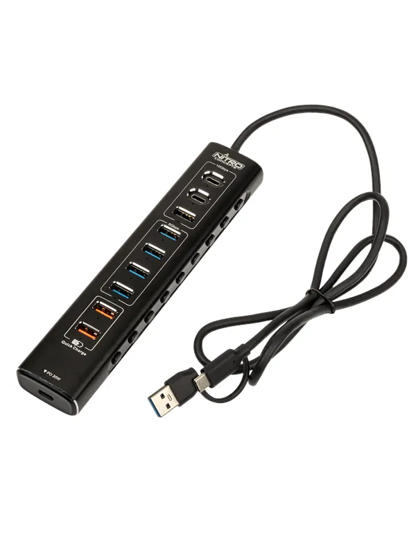 Nitro Concepts UH1 10-Port HYBRID USB HUB USB-hub - 10 porter - Svart