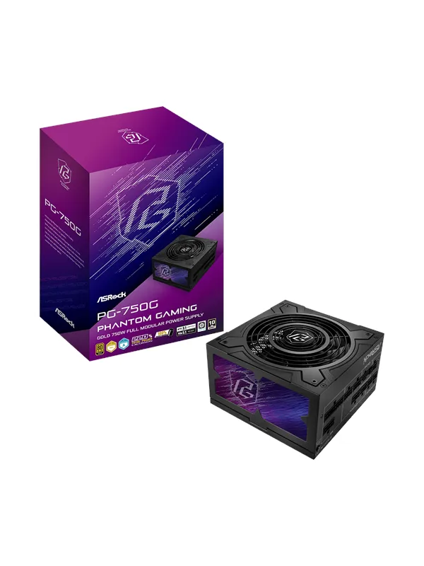 ASRock PG-750G Strømforsyning (PSU) - 750 Watt - 135 mm - ATX 3.1 - 80 Plus Gold sertifisert