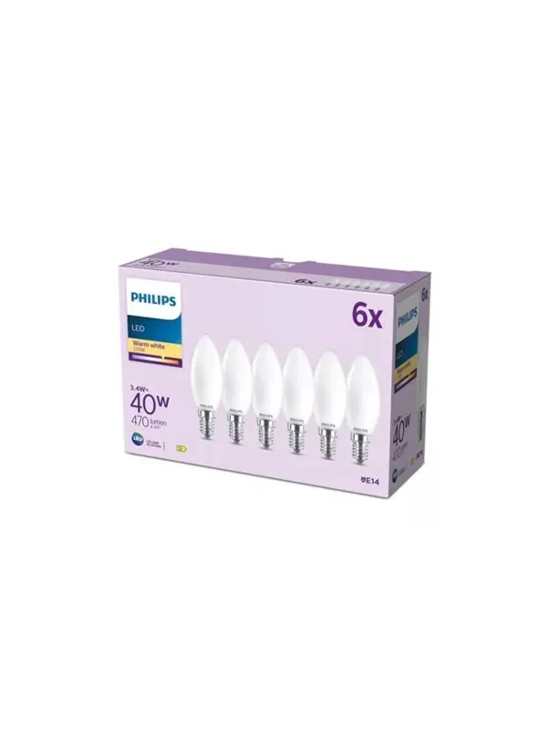 Philips LED-lyspære B35 3,4W/827 (40W) Frosted 6-pack E14