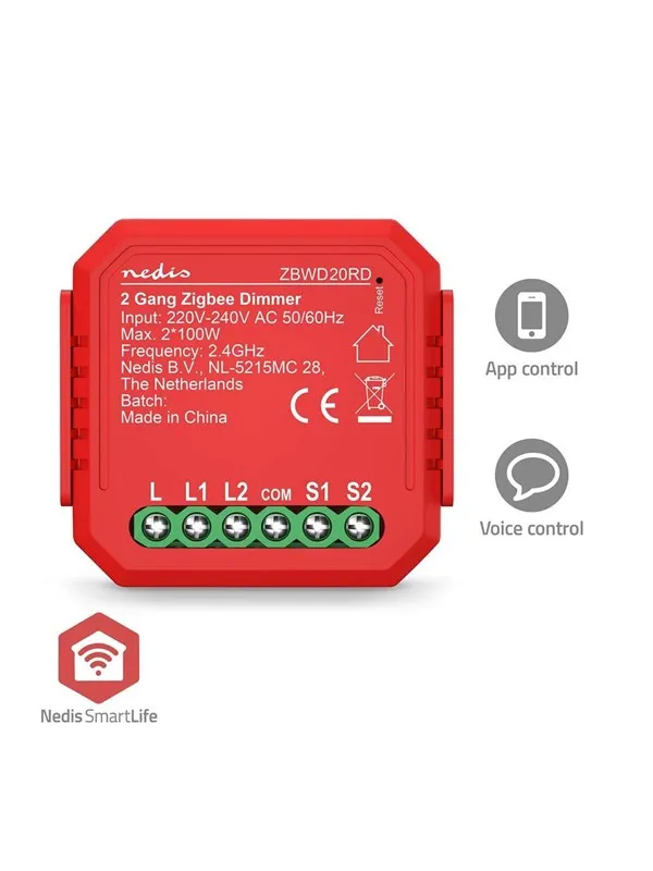 Nedis SmartLife Switch Zigbee 3.0 2x100 W Terminal connection Red