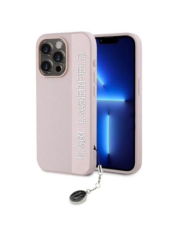 Karl Lagerfeld Saffiano Rhinestones & Charm case for iPhone 15 Pro Max - pink