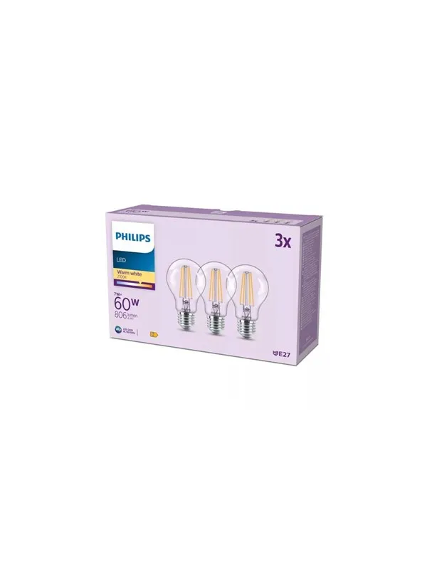 Philips LED-lyspære A60 7W/827 (60W) Clear 3-pack E27