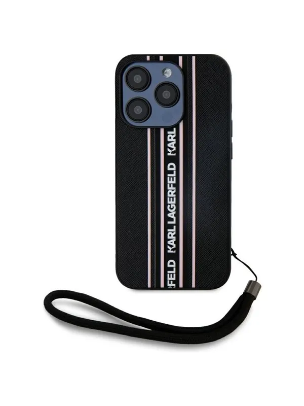 Karl Lagerfeld Saffiano Athleisure Stripes Cord iPhone 15 Pro Max Case - Pink