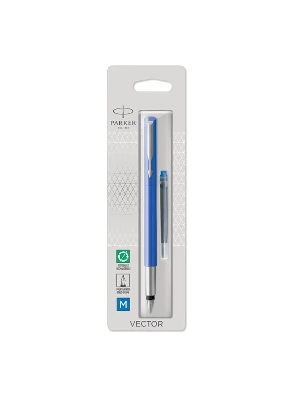 Parker Vector Fountain Pen | Black with Chrome Trim | Medium Nib | Blue Ink | Hangtab