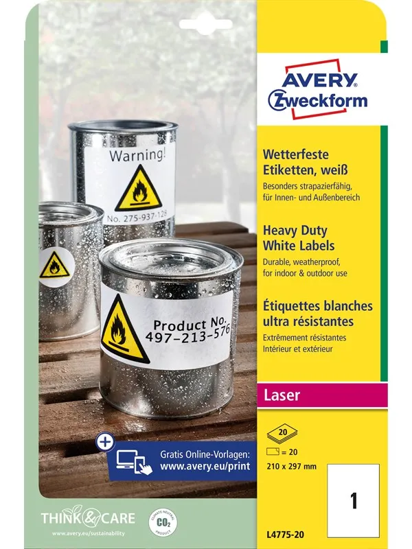 Avery Sterke etiketter, hvite , Tåler varme, kulde, fukt, utendørsbruk, 210 x 297 mm, Laser