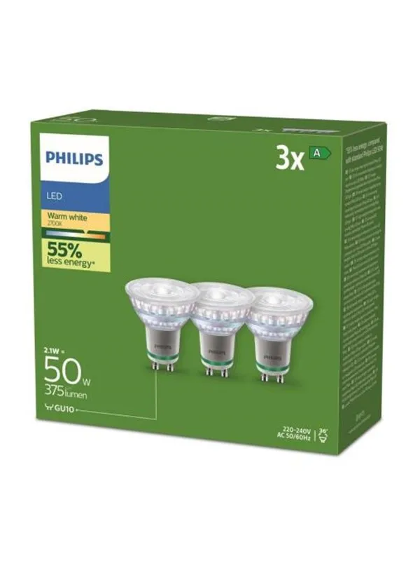 Philips LED-lyspære Ultra Efficient 2,1W/827 (50W) 36° 3-pack GU10