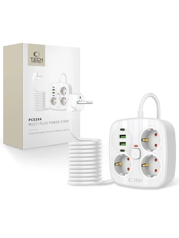 Tech-Protect PCS3X4 Power Strip 3 AC Outlets 2xUSB-A 2xUSB-C 200 cm - White