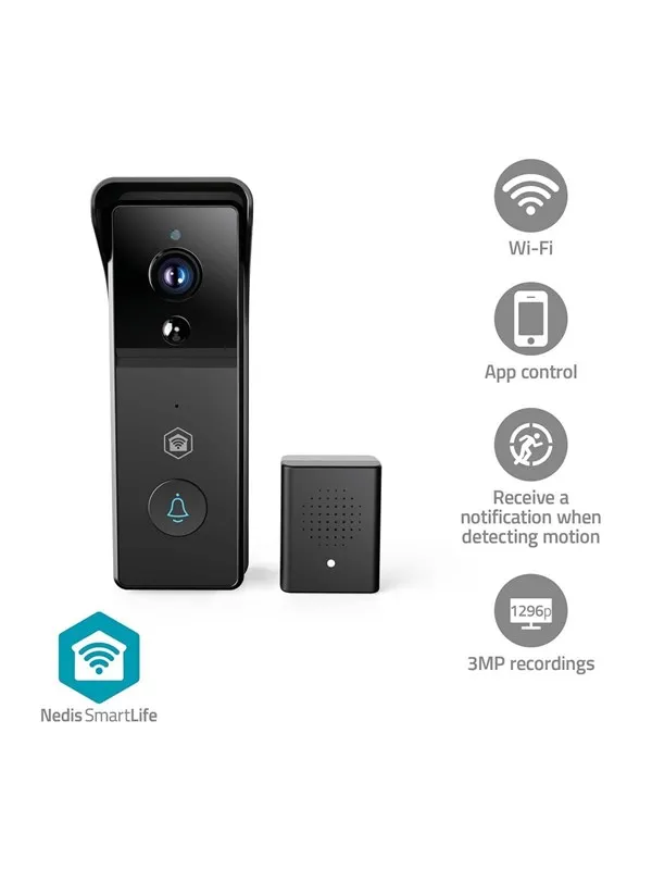 Nedis SmartLife Video Doorphone Wi-Fi Battery 3MP Full HD 1296p Cloud Storage (option) / microSD (not included) IP44 With motion sensor Night vision Black