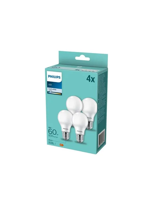 Philips LED-lyspære Standard A60 8W/840 (60W) Frosted 4-pack E27