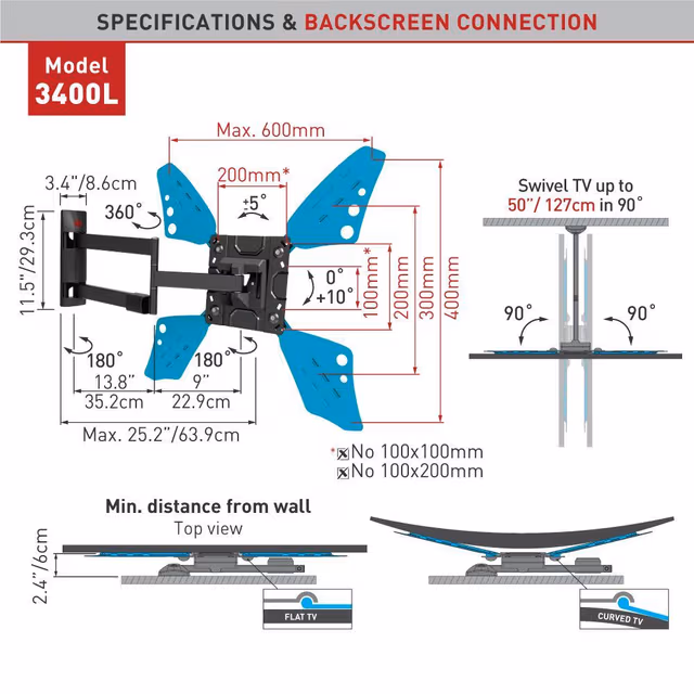 Barkan Flat/ Curved TV Wall Mount 3400L Wall Mount, Full motion, 40-70 ", Maksimal vekt (kapasitet) 40 kg, Svart
