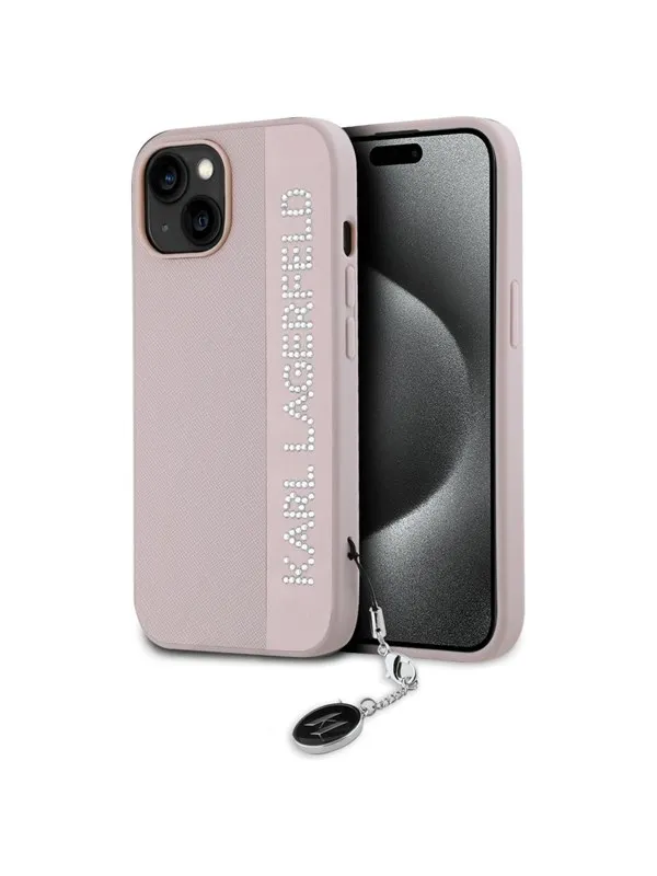 Karl Lagerfeld Saffiano Rhinestones & Charm case for iPhone 15 / 14 / 13 - pink