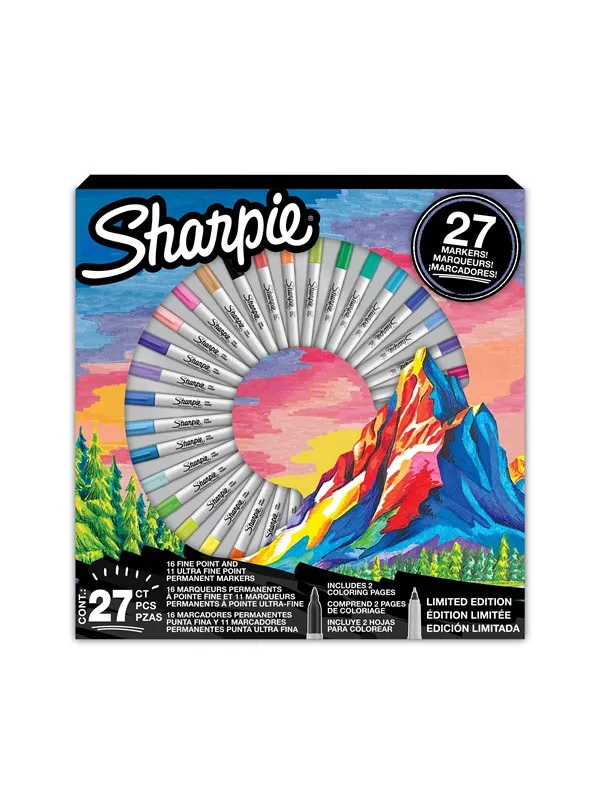Sharpie Permanent Markers Pen Gift Set | Fine Point & Ultra Fine Point Colouring Pens | Assorted Colours | Includes 2 Colouring Pages | 27 Marker Pens