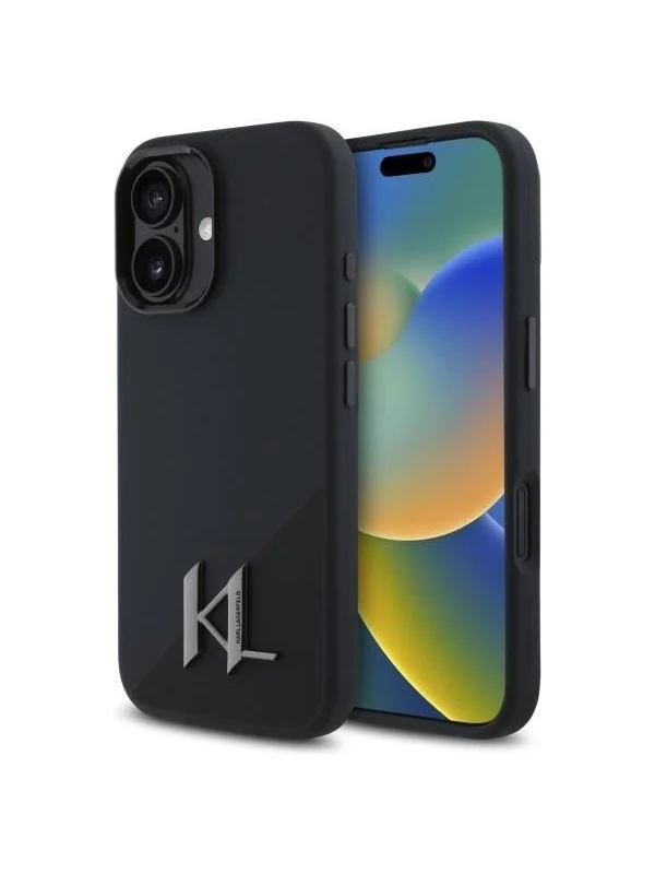 Karl Lagerfeld Silicone Shadow Metal Initial MagSafe iPhone 16 Case - Black