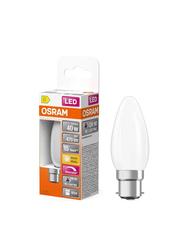 Osram LED-lyspære LED Comfort candle frosted 470lm 3.4W/927 (40W) B22d dimmable B22d