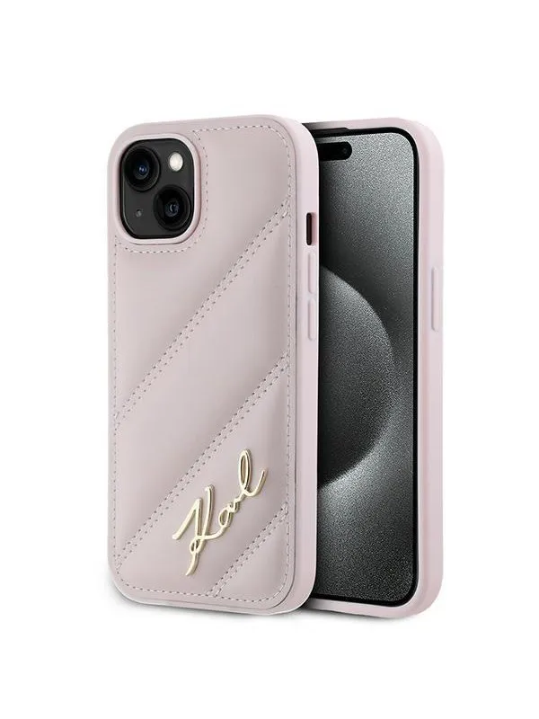 Karl Lagerfeld Diagonal Quilted Script case for iPhone 15 Plus / 14 Plus - pink