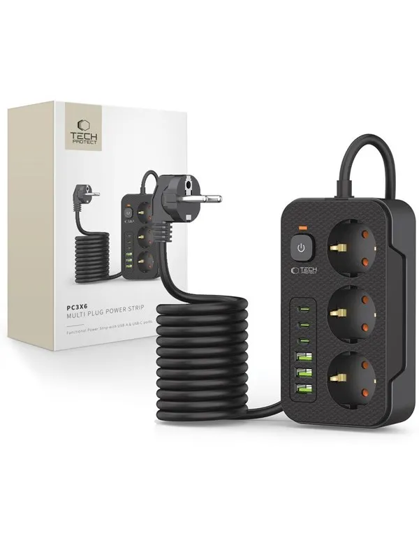 Tech-Protect Power Strip  PC3X6 3 Sockets 240V + 3xUSB-A + 3xUSB-C 200cm - Black
