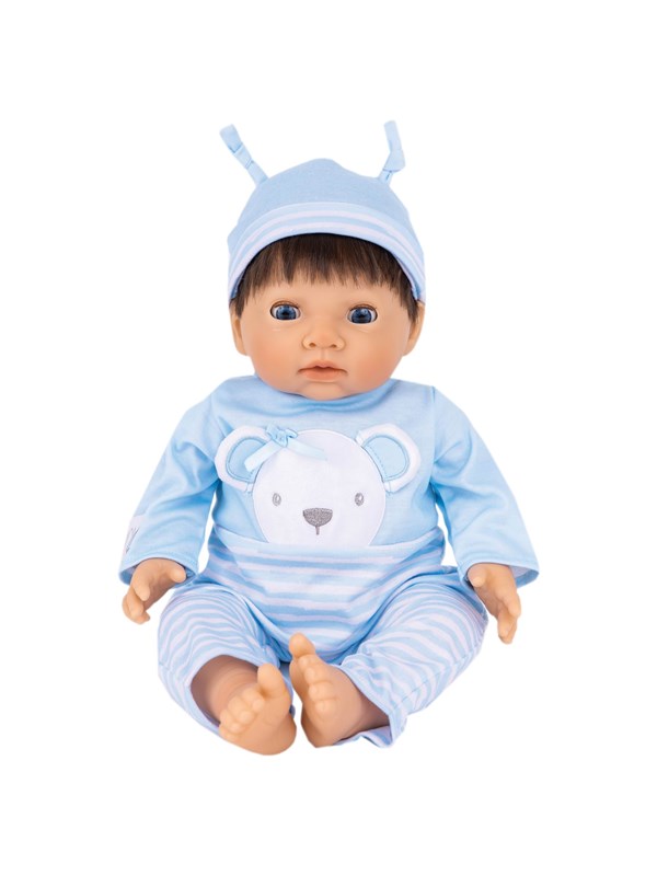 Tiny Treasures Doll with brown hair and blue outfit