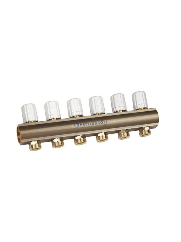 Pettinaroli Linear manifold 1x3/4/18 with thermostatic option or electrical control for return pipes compression ends without fittings 5 outlets