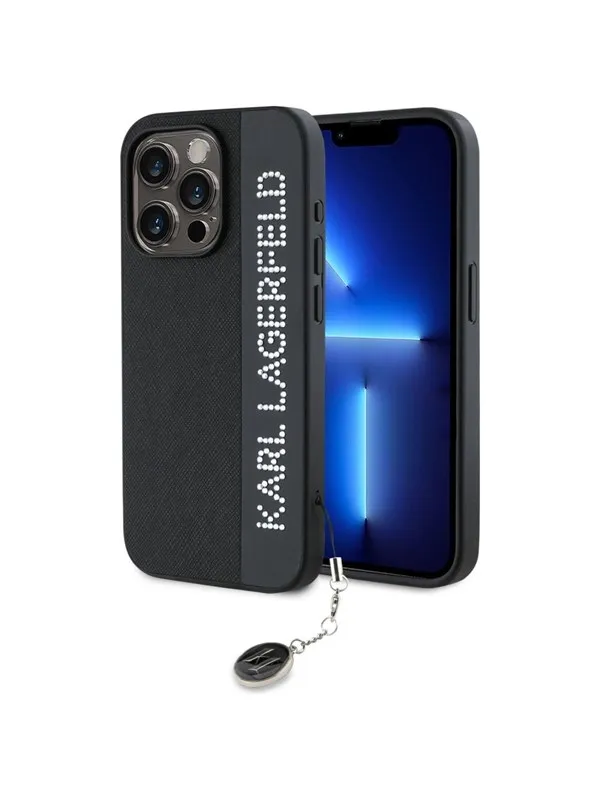 Karl Lagerfeld Saffiano Rhinestones & Charm case for iPhone 15 Pro - black