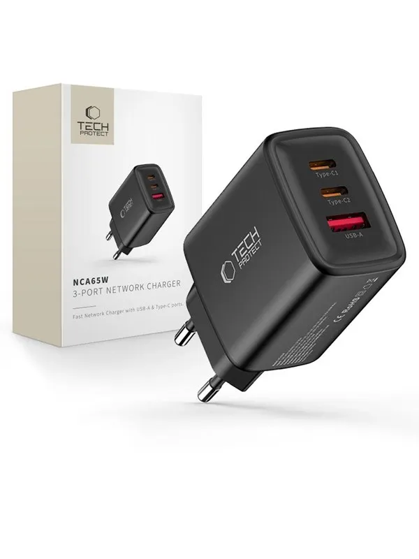 Tech-Protect  NCA65W-GAN 3-Ports 65W AC Charger - Black