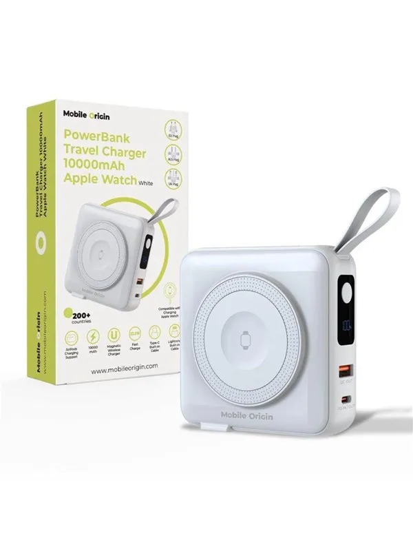 Mobile Origin PowerBank & Travel Charger - Lightning/USB-C Cable - MagSafe/AW/iPhone Compatible - white Nødlader - Hvit - 10000 mAh
