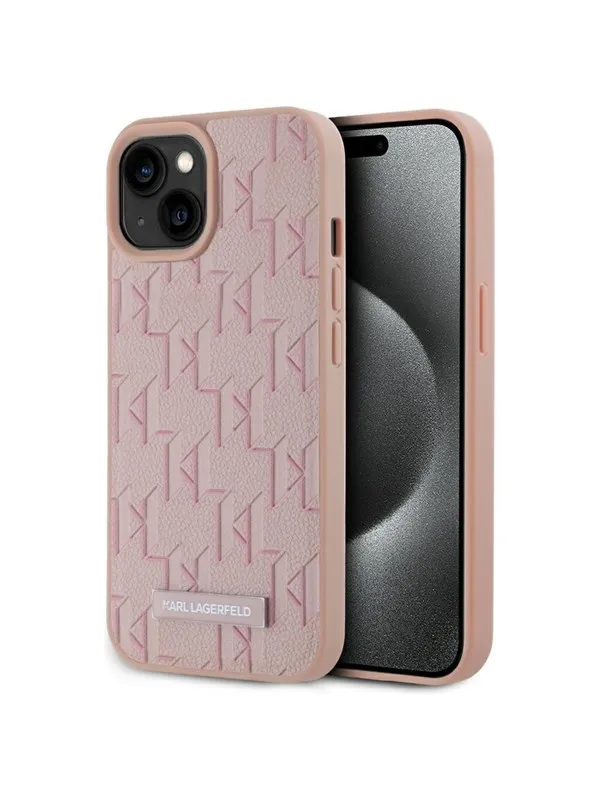Karl Lagerfeld Leather Monogram Metal Logo MagSafe iPhone 15 Case - Pink
