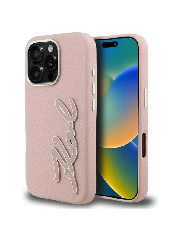 Karl Lagerfeld FW Grained Signature Logo iPhone 16 Pro Max Case - Pink