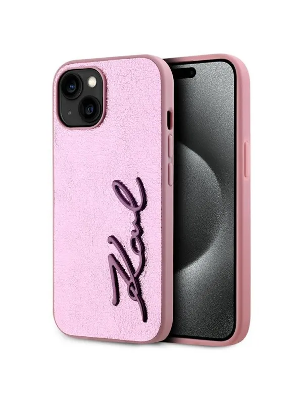Karl Lagerfeld Wrinkled Metal Signature iPhone 15 Case - Pink
