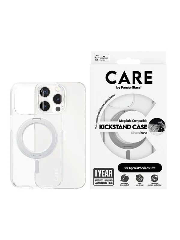 CARE by PanzerGlass Feature Case Transparent w. Silver Kickstand & MagSafe iPhone 15 Pro