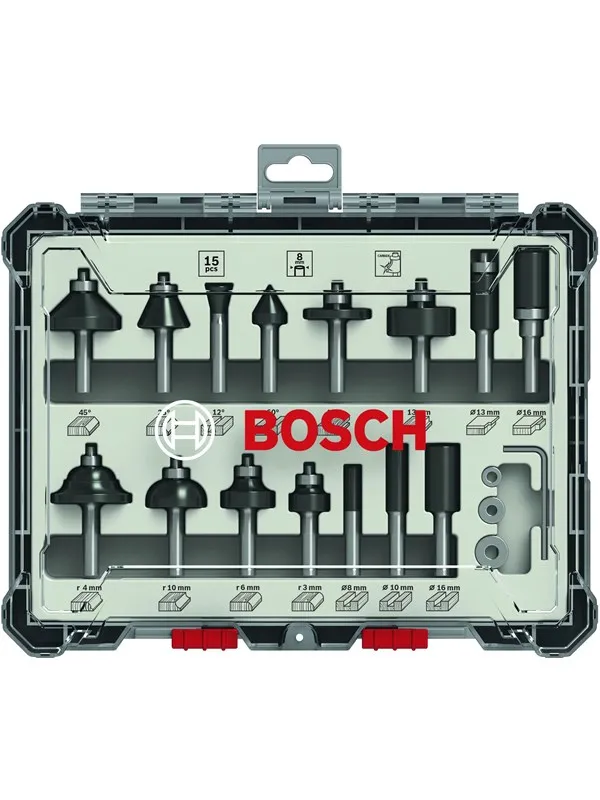 Bosch Sett med fresejern, 15 deler, blandet, 1/4" skaft 15-piece Mixed Application Router Bit Set.