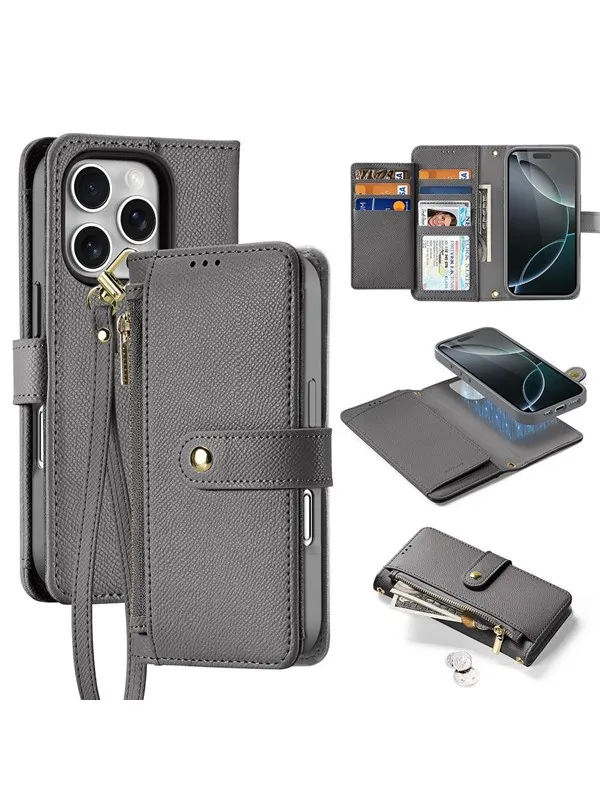 Dux Ducis Lava Leather Case for iPhone 16 Pro Max with Detachable Magnetic Wallet - Grey