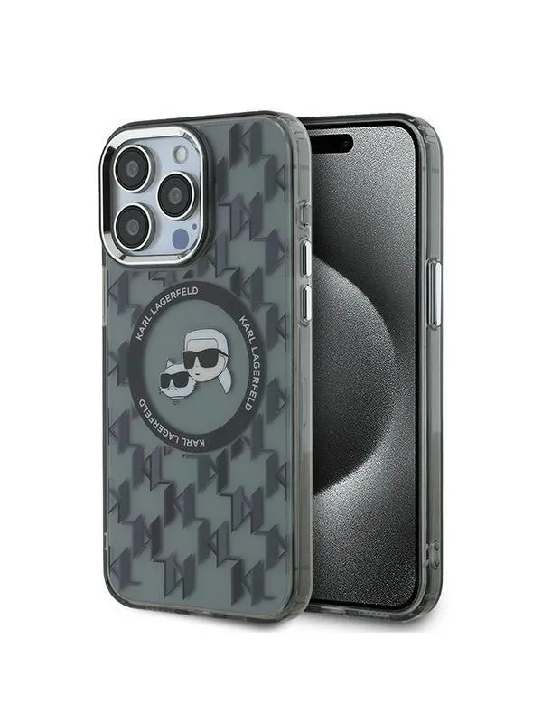 Karl Lagerfeld IML Monogram Karl & Choupette Head MagSafe Case for iPhone 15 Pro Max - Black