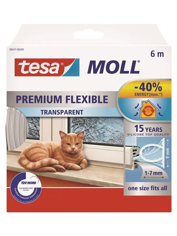 tesa moll Premium Flexible Silicone Sealing Tape 6 m x 9 mm x 7 mm Transparent