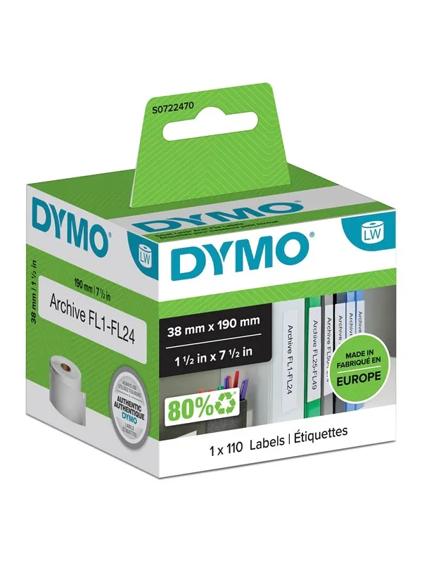 DYMO LW multifunksjonelle/brevordneretiketter, 38mm x 190mm, ruller med 110 stk.