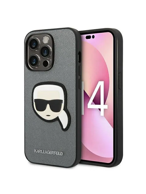 Karl Lagerfeld Saffiano Karl's Head Patch Case for iPhone 14 Pro - Silver