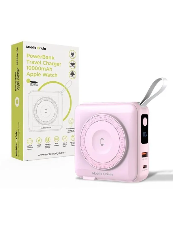 Mobile Origin PowerBank & Travel Charger - Lightning/USB-C Cable - MagSafe/AW/iPhone Compatible - pink Nødlader - Rosa - 10000 mAh