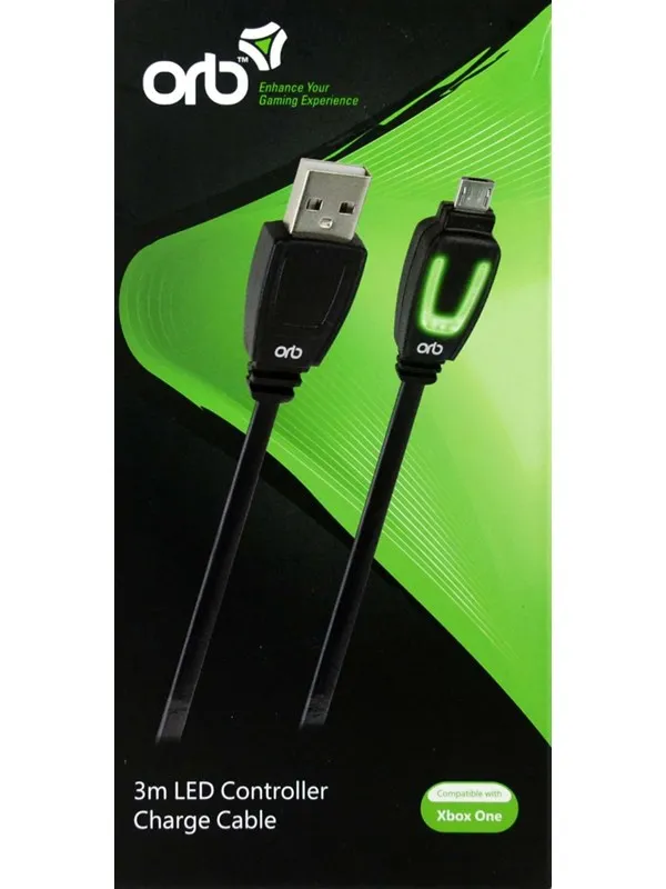 Orb XBox One 3m LED Controller Charge Cable - Wired Charging cable for wireless game controller - Microsoft Xbox One