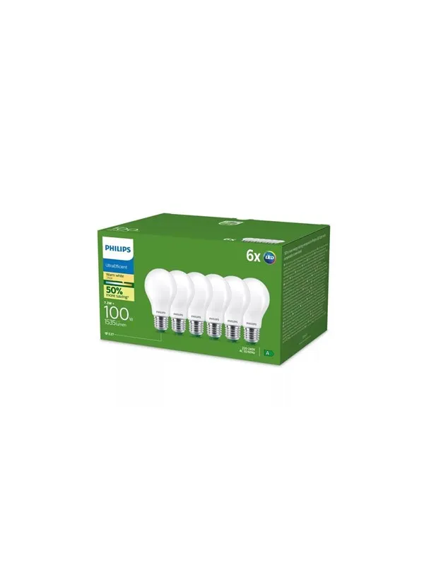 Philips LED-lyspære Ultra Efficient A60 7.3W/827 (100W) Frosted 6-pack E27