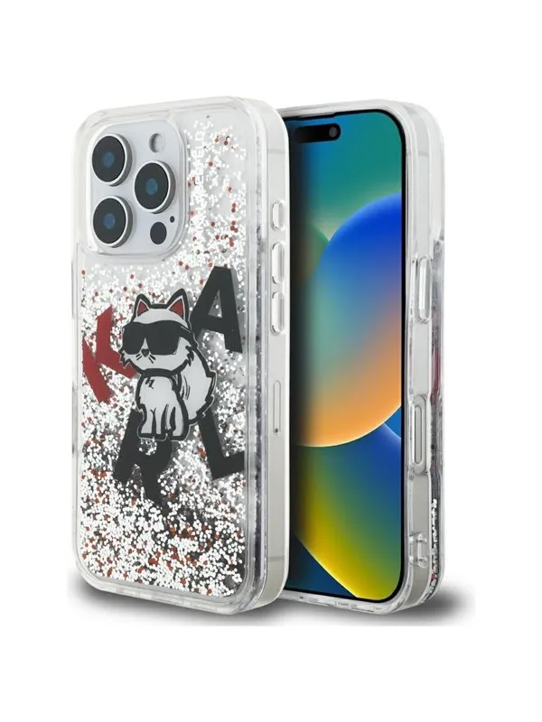 Karl Lagerfeld Liquid Glitter Choupette Logo Case for iPhone 16 Pro Max - Clear