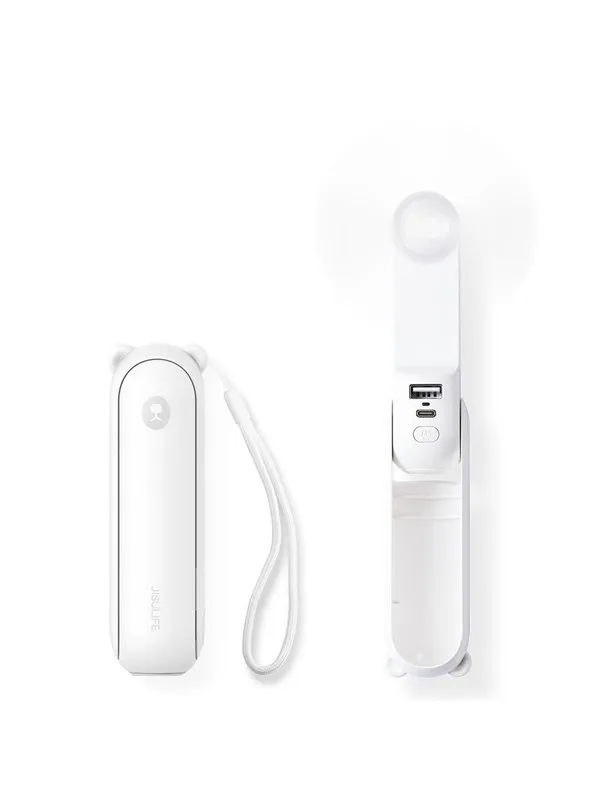 Jisulife Handheld Fan Life8 Mini Portable USB Fan with 2000mAh Power Bank and Flashlight - White Nødlader - Hvit - 2000 mAh