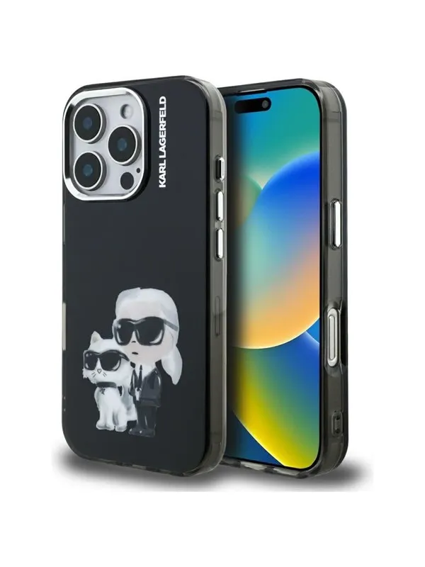 Karl Lagerfeld IML Aquarelle Karl & Choupette & Logo Case for iPhone 16 Pro Max - Black