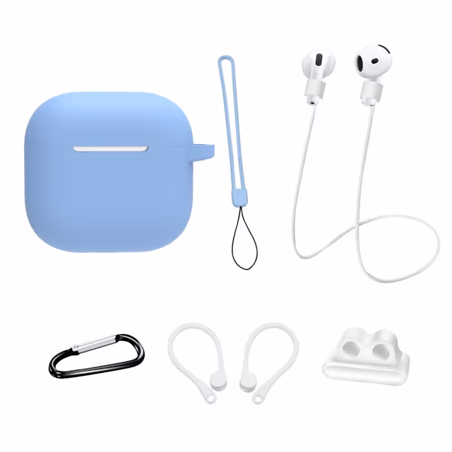 For AirPods 4 6 i 1 tilbehør Veske Stroppholder Ørekroker Halsstropp Nøkkelring - Lyseblå