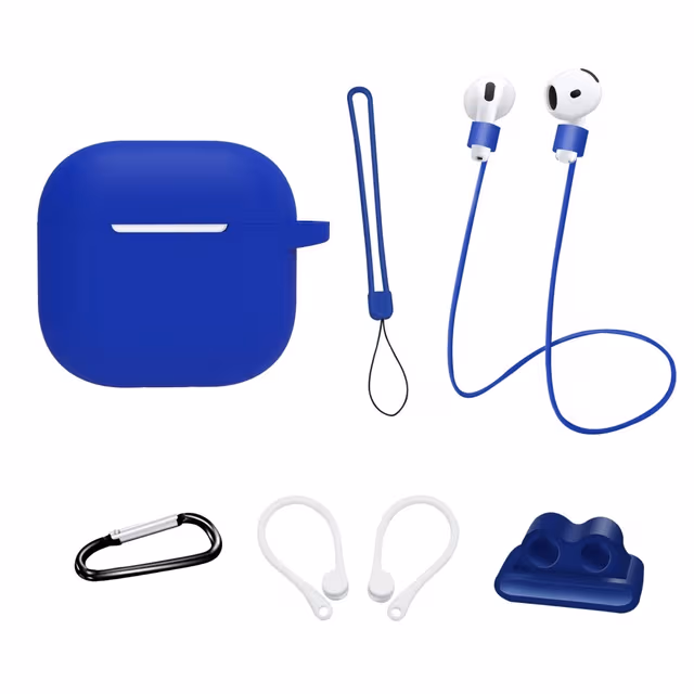For AirPods 4 6 i 1 tilbehør Veske Stroppholder Ørekroker Halsstropp Nøkkelring - Mørk blå