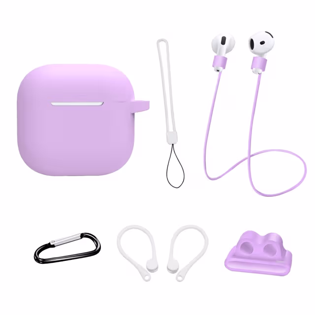 For AirPods 4 6 i 1 tilbehør Veske Stroppholder Ørekroker Halsstropp Nøkkelring - Lilla