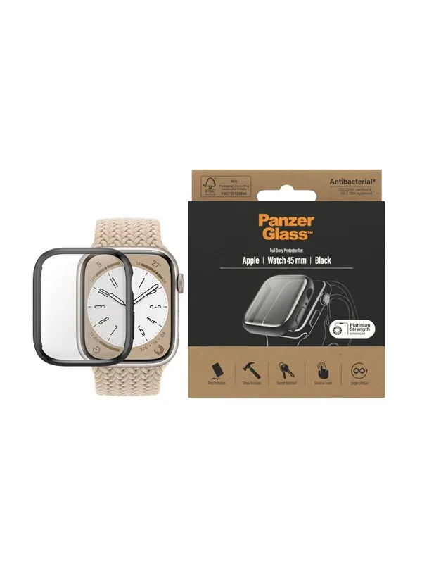 PanzerGlass Skjermbeskyttelse for Apple Watch Serie 9, 8 og 7, 45 mm, svart