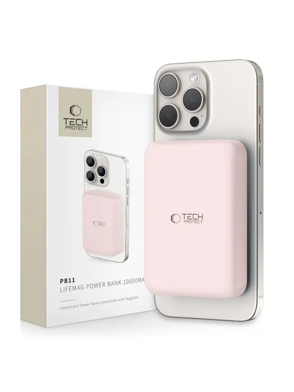 Tech-Protect LifeMag PB11 Power Bank with MagSafe 10000mAh 15W USB-C Port - Pink + USB-C Cable Nødlader - Rosa - 10000 mAh