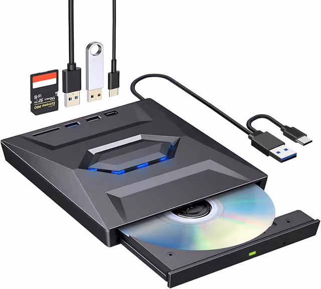 NÖRDIC Bærbar CD Brenner og spiller og USB-hub med SD-kortleser 2xUSB-A 1xUSB-C