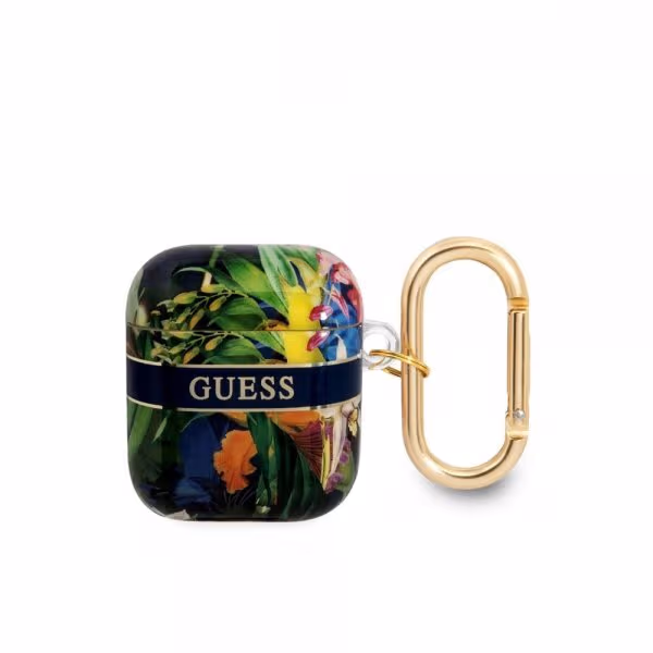 Guess AirPods 1/2 Deksel Flower Print & Gold Hook Blå