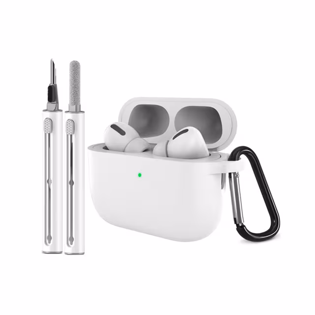 Silicone Protective Case compatible with AirPods Pro 3 with Carabiner and Cleaning Pen - White